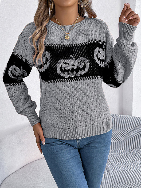 Contrast Color Split-Joint Long Sleeves Loose Round-Neck Sweater Tops Pullovers