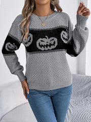 Contrast Color Split-Joint Long Sleeves Loose Round-Neck Sweater Tops Pullovers