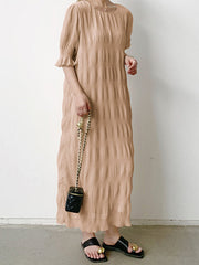 Pleated Solid Color Flared Sleeves Half Sleeves Round-Neck Midi Dresses