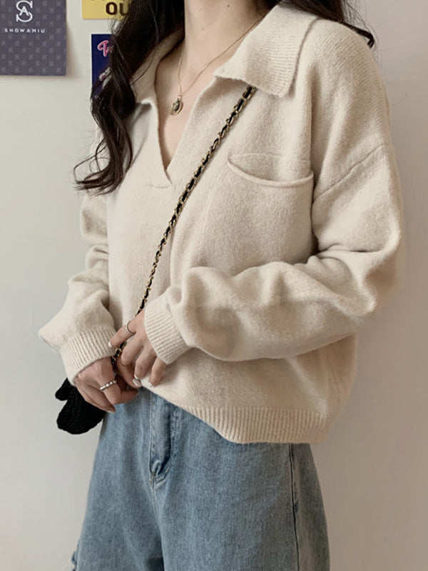 Casual Simple 6 Colors V-Neck Long Sleeves Sweater Top