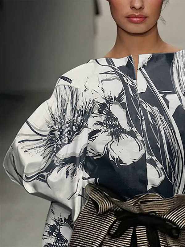 Long Sleeves Loose Flower Print Boat Neck Blouses&Shirts Tops