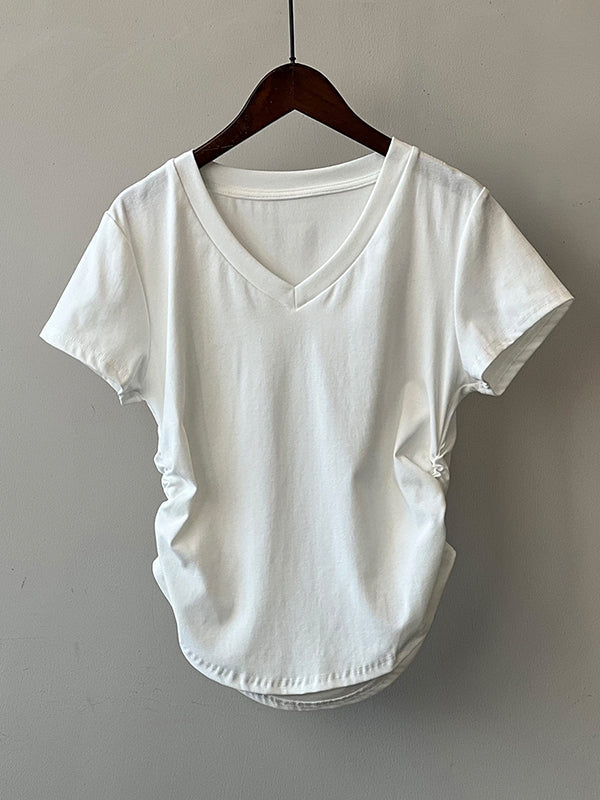 Solid Color Irregular clipping Short Sleeves V-neck T-Shirts Tops
