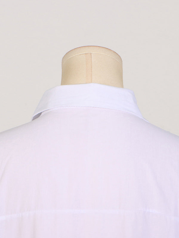 See-Through Solid Color Split-Joint Split-Side Long Sleeves Loose Lapel Shirt Dress Maxi Dresses