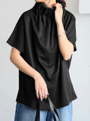Loose Short Sleeves Solid Color Stand Collar T-Shirts Tops