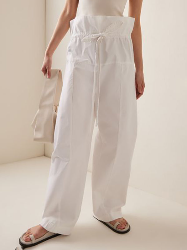 Drawstring Pockets Ruffled Solid Color Split-Joint Tied Waist High Waisted Loose Trousers Pants