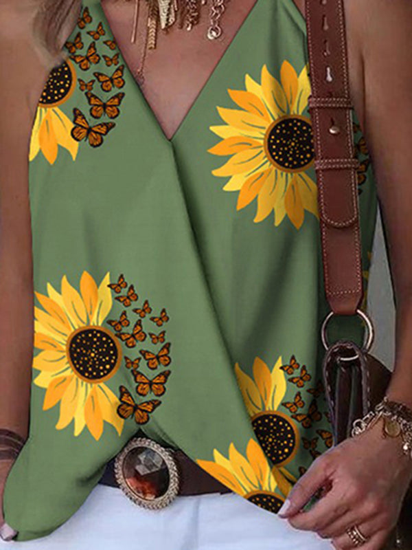 Flower Print Split-Joint Sleeveless V-Neck Vest Top
