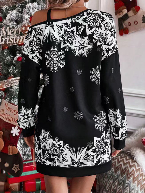 Contrast Color Printed Split-Joint Bodycon Long Sleeves One-Shoulder Midi Dresses