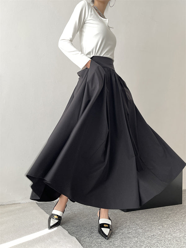 Pleated Solid Color Split-Joint A-Line High Waisted Skirts Bottoms