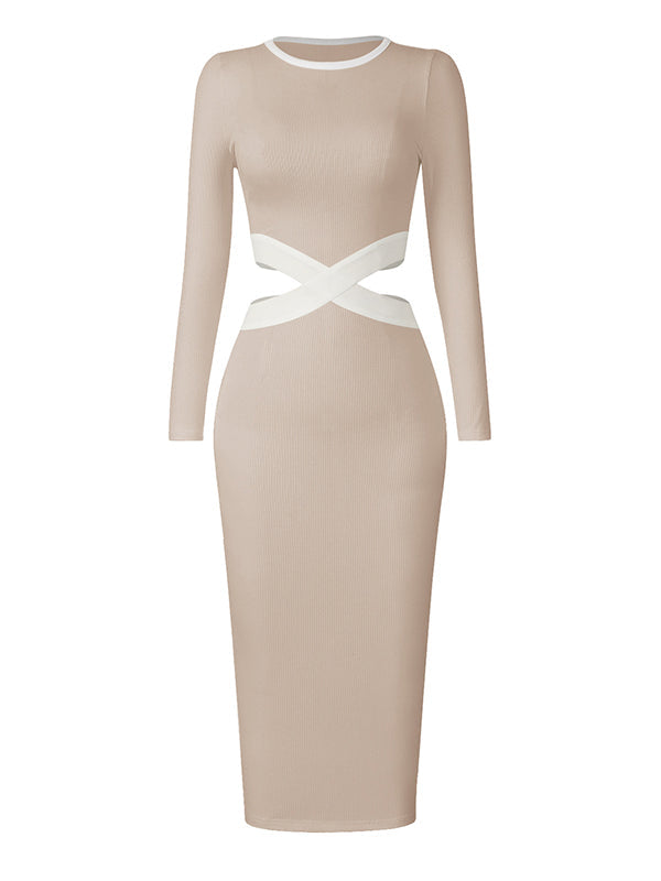 Hollow High Waisted Long Sleeves Round-Neck Midi Dresses