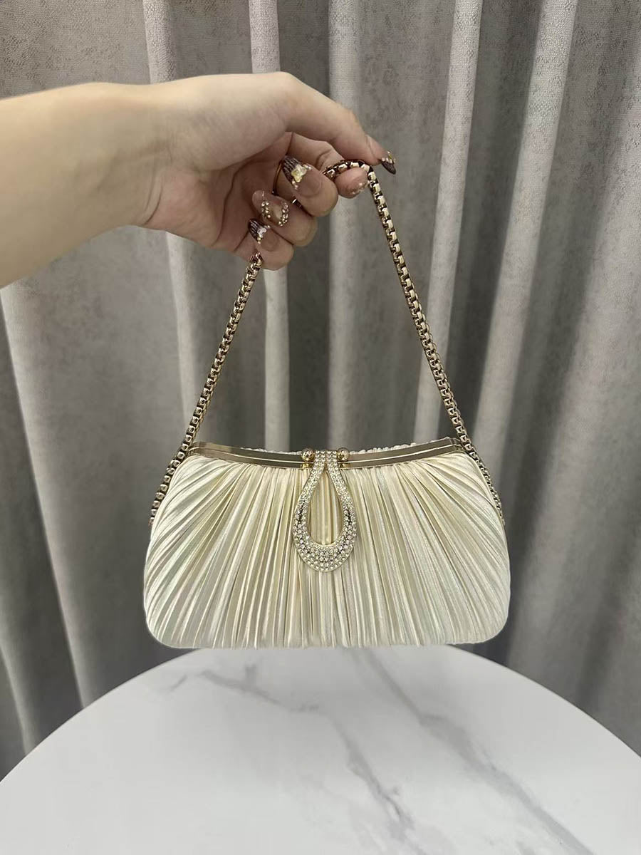 Chains Lock Pleated Rhine Stones Shiny Evening Bags & Clutches Crossbody Bags