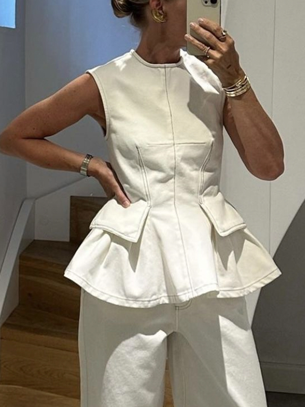 Pleated Solid Color Loose Sleeveless Round-Neck Vest Top