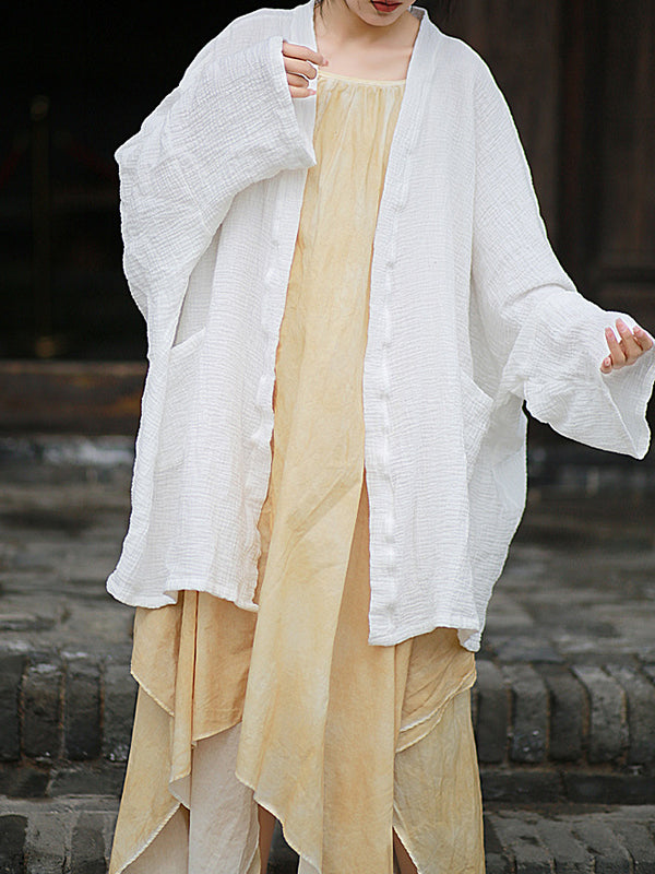 Pleated Solid Color Split-Joint Batwing Sleeves Loose Cover-Ups Tops