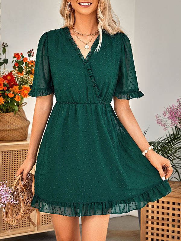 Jacquard Ruffled Solid Color A-Line Loose V-Neck Mini Dresses