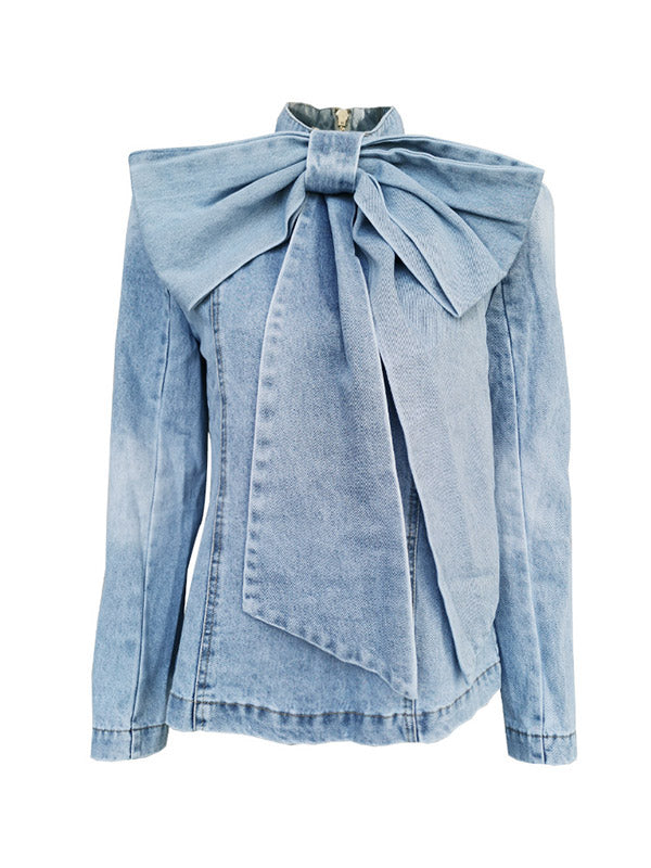 Bowknot Zipper Long Sleeves Loose Mock Neck Blouses&Shirts Tops