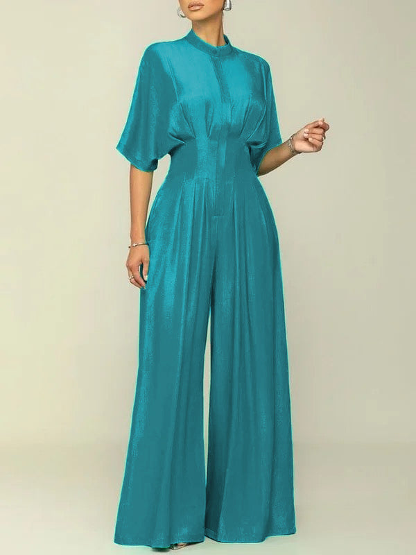Half Sleeves High Waisted Pleated Solid Color Mock Neck Jumpsuits