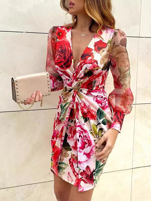 Flower Print Knot Mesh Split-Joint Bodycon Long Sleeves Deep V-Neck Mini Dresses