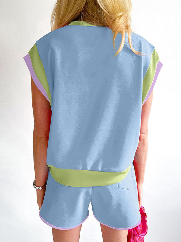 Contrast Color Elasticity Loose Short Sleeves Round-Neck T-shirt + Shorts Two Pieces Set