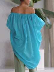 High-Low Loose Elasticity Pleated See-Through Solid Color Off-The-Shoulder Blouses&Shirts Tops