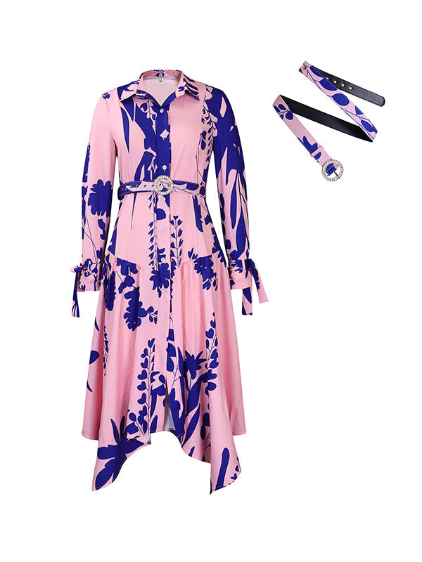 Lace-Up Pleated Printed Split-Joint Tied Waist Irregular clipping Long Sleeves Lapel Shirt Dress Maxi Dresses