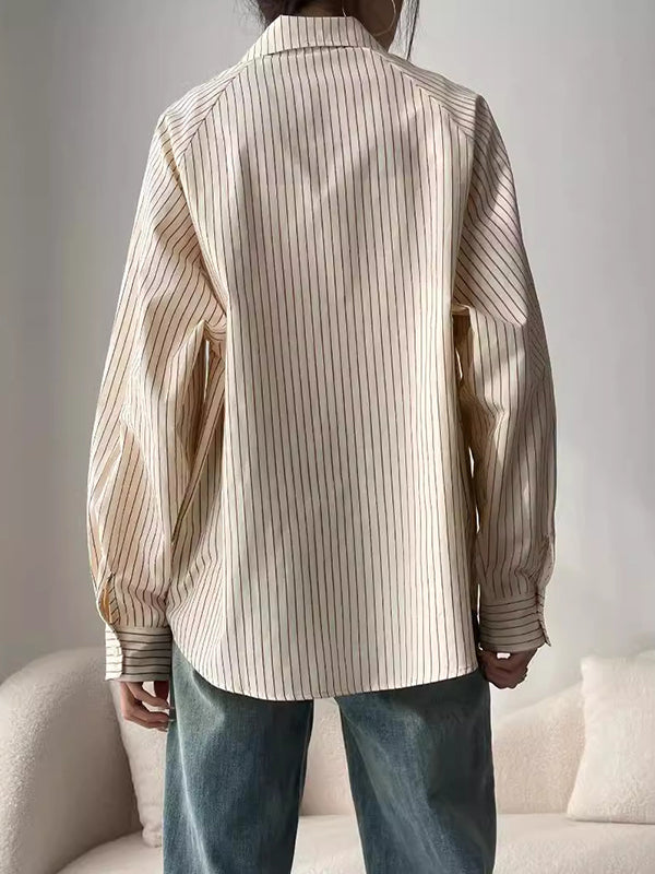 Split-Joint Striped Long Sleeves Loose Lapel Blouses