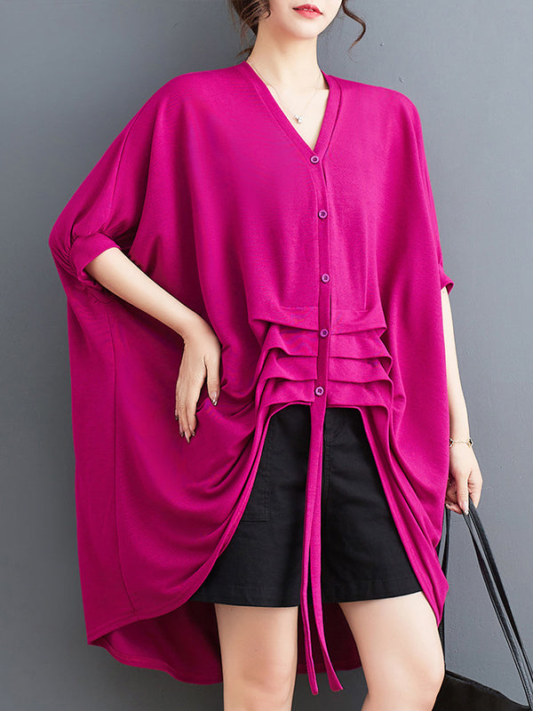 Drawstring Solid Color Half Sleeves Irregular Clipping V-Neck Outerwear