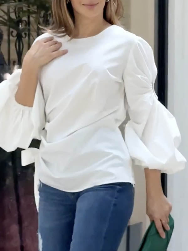 Hollow Solid Color Long Sleeves Puff Sleeves Round-neck T-shirts