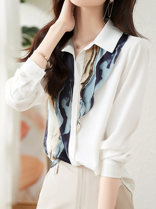 Buttoned Printed Long Sleeves Loose Lapel Blouses&Shirts Tops