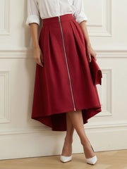 Pleated Pockets Solid Color Zipper A-Line High-Low Skirts Bottoms