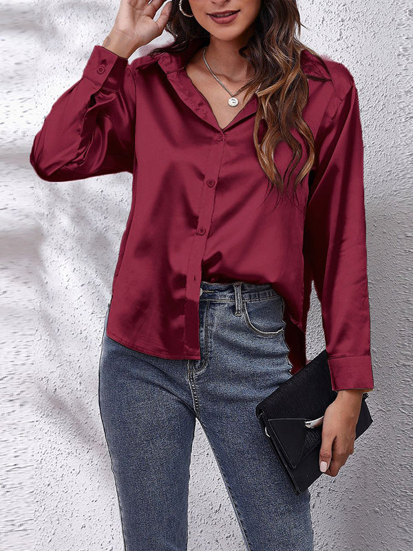 Solid Color Long Sleeves Loose Lapel Blouses