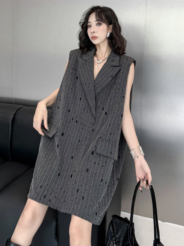 Striped Loose Sleeveless Lapel Vest Top