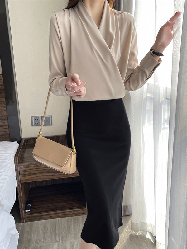 Buttoned Solid Color Long Sleeves Loose V-Neck Blouses&Shirts Tops