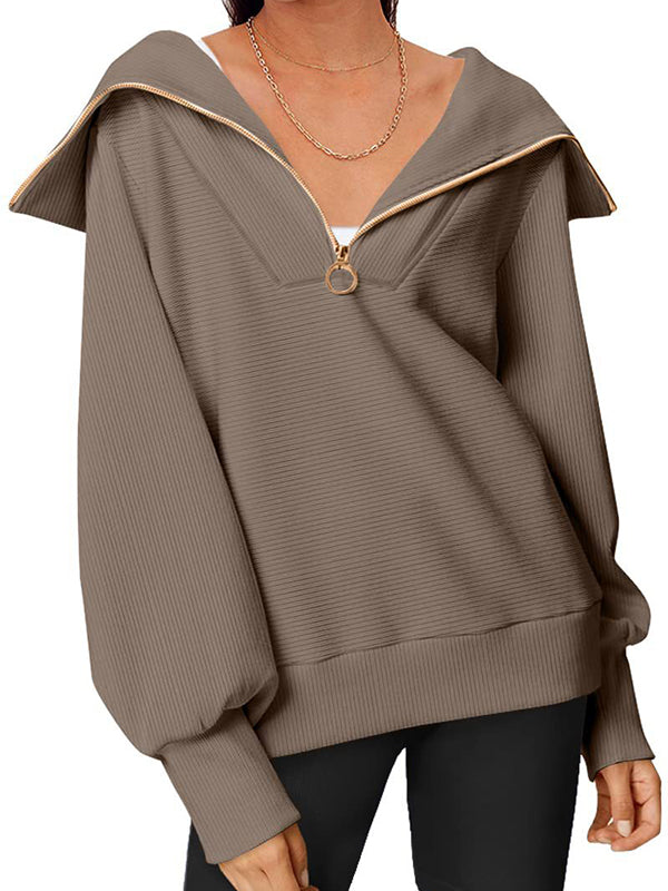 Solid Color Zipper Long Sleeves Loose Lapel Sweatshirt Tops