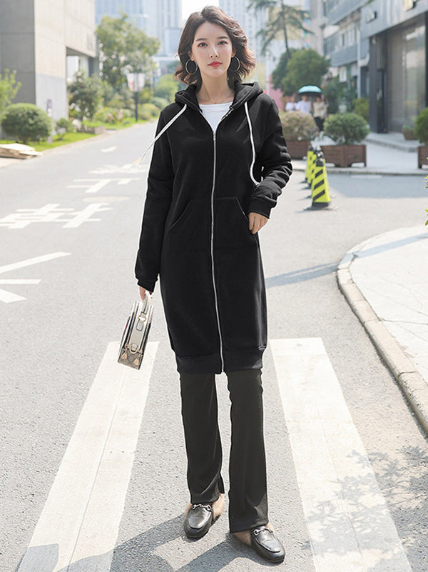 4Colors Drawstring Hooded Split-Joint Pocket Solid Color Zipper Outerwear
