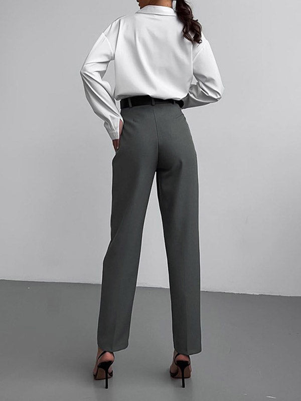 Pleated Solid Color Split-Joint High Waisted Trousers Suit Pants
