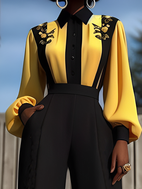 Buttoned Contrast Color Flower Print Split-Joint Long Sleeves Loose Lapel Blouses&Shirts Tops
