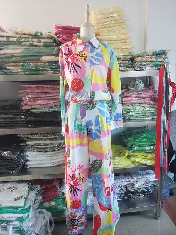 Contrast Color Printed Lapel Long Sleeves Buttoned Blouses Top+ High Waisted Pants Bottom Two Pieces Set