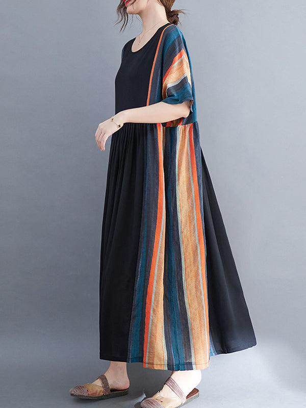 Loose Contrast Color Striped Pleated Midi Dress