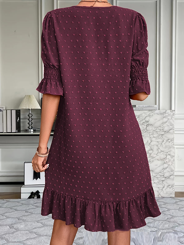 Elasticity Jacquard Pleated Solid Color Split-Joint A-Line Flared Sleeves V-Neck Mini Dresses