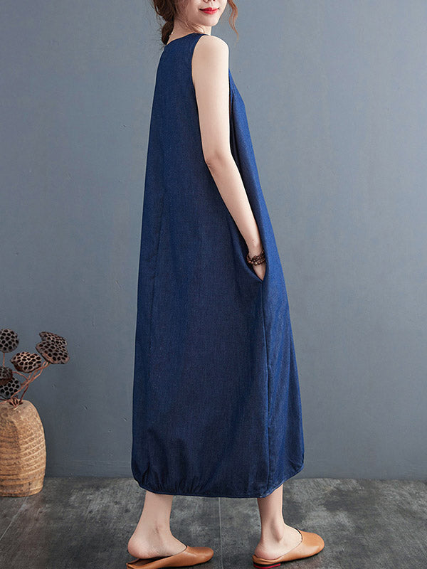 Simple Denim Blue Round-Neck Buttoned Sleeveless Midi Dress