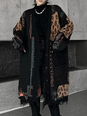 Asymmetric Buttoned Contrast Color Leopard Pockets Split-Joint Hipster Long Sleeves V-Neck Cardigan Tops