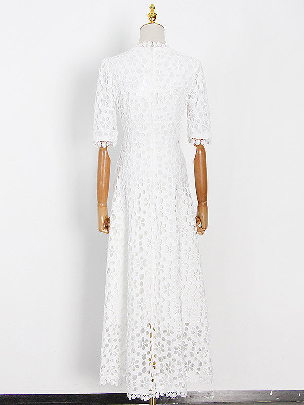 Hollow Solid Color Half Sleeves Deep V-Neck Maxi Dresses