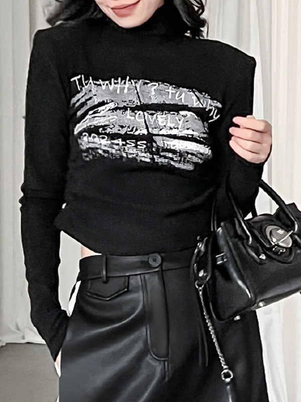 Letter Print Shoulder Pad Long Sleeves Skinny High Neck T-Shirts Tops