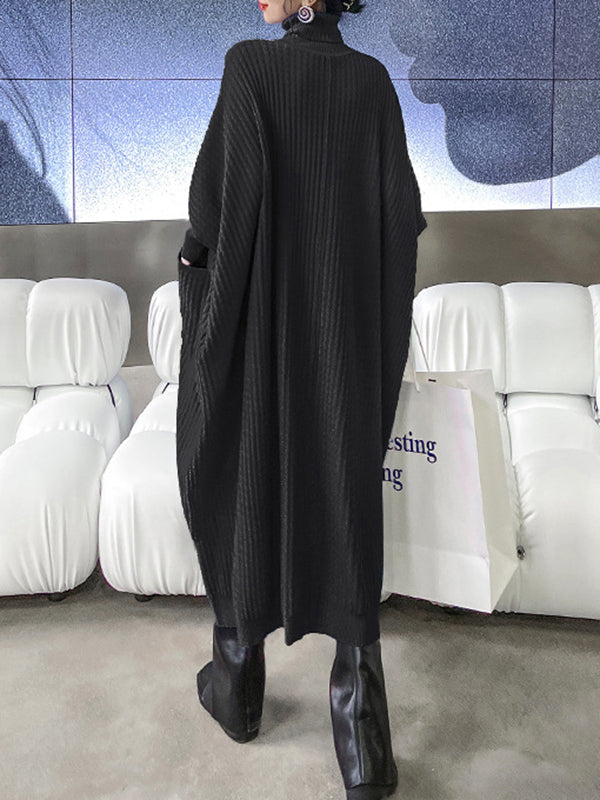 Pockets Solid Color Batwing Sleeves High-Low High-Neck Sweater Dresses Midi Dresses