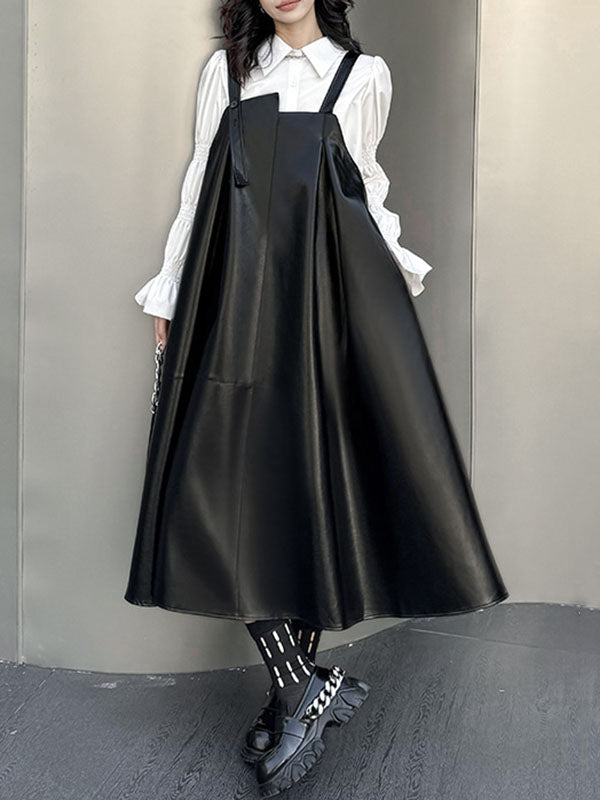 Asymmetric Pleated Solid Color Split-Joint A-Line Loose Square-Neck Slip Dress Midi Dresses