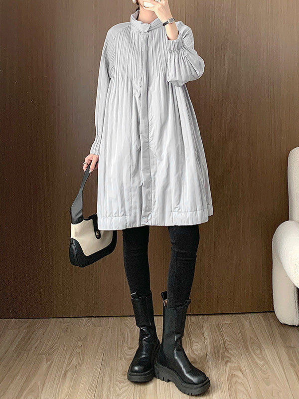 Pleated Quilted Solid Color Zipper Long Sleeves Loose Asymmetric Collar Padded Coat