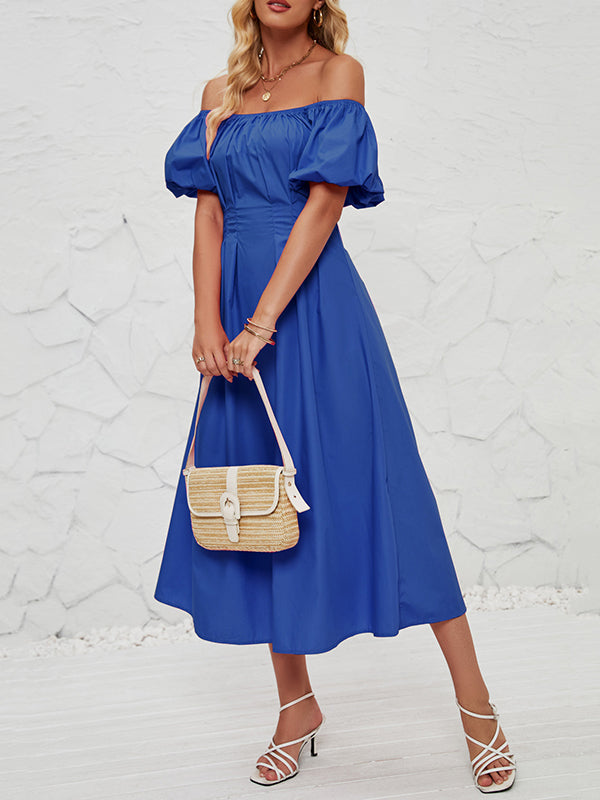 Elasticity Pleated Solid Color Split-Joint Loose Puff Sleeves Off-The-Shoulder Midi Dresses