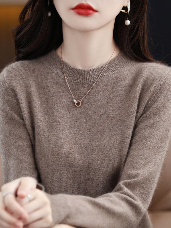 Casual Long Sleeves Loose Solid Color Round-Neck Sweater Tops