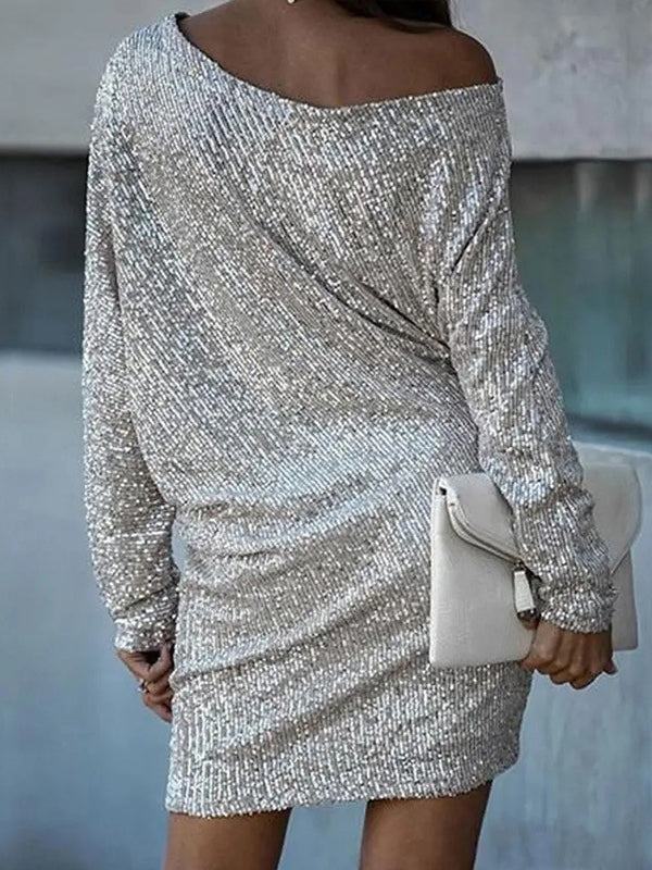 Asymmetric Sequined Solid Color A-Line Loose One-Shoulder Mini Dresses