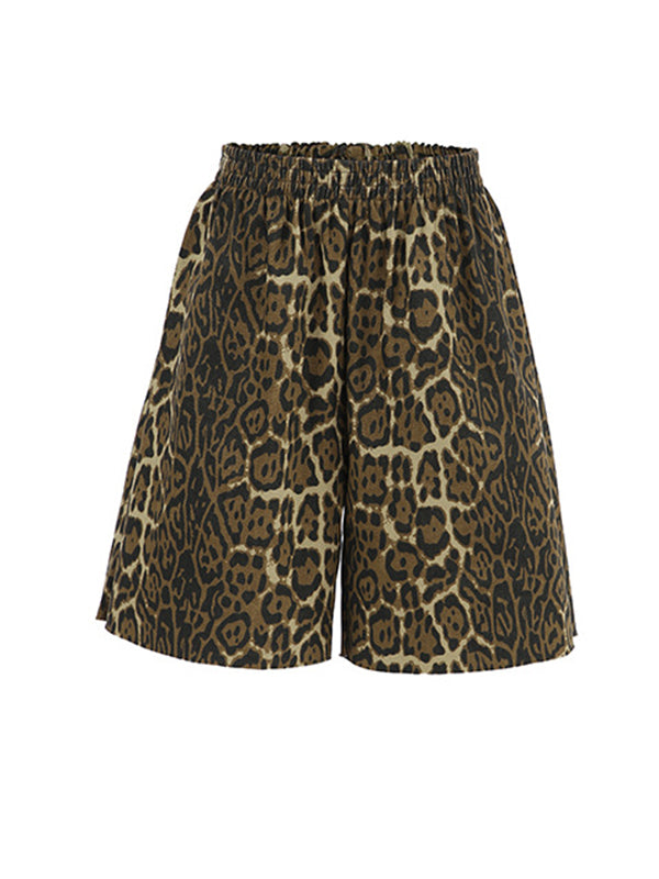 Elasticity Leopard Pockets Split-Joint Zipper High Waisted Loose Shorts Bottoms