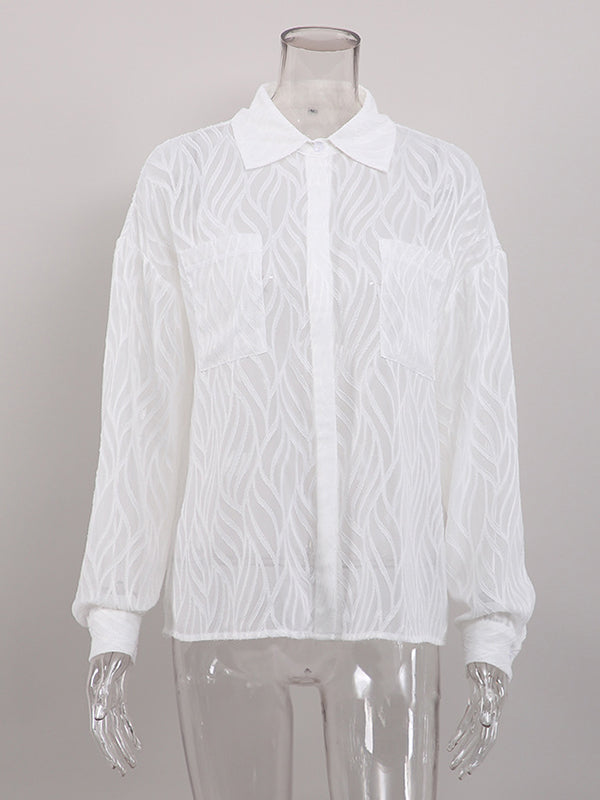 Buttoned Pockets See-Through Solid Color Split-Joint Long Sleeves Loose Lapel Blouses&Shirts Tops